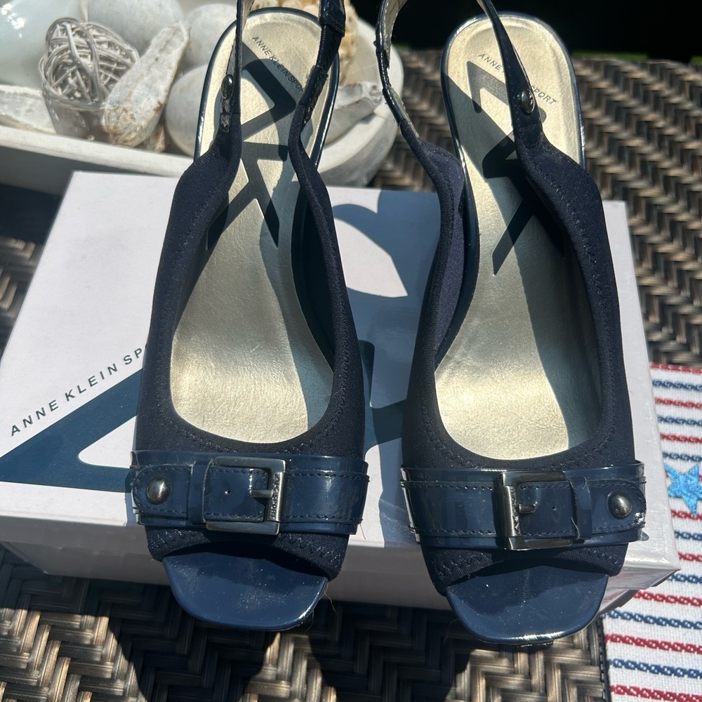 Anne Klein Navy Peep-Toe Slingback Heels